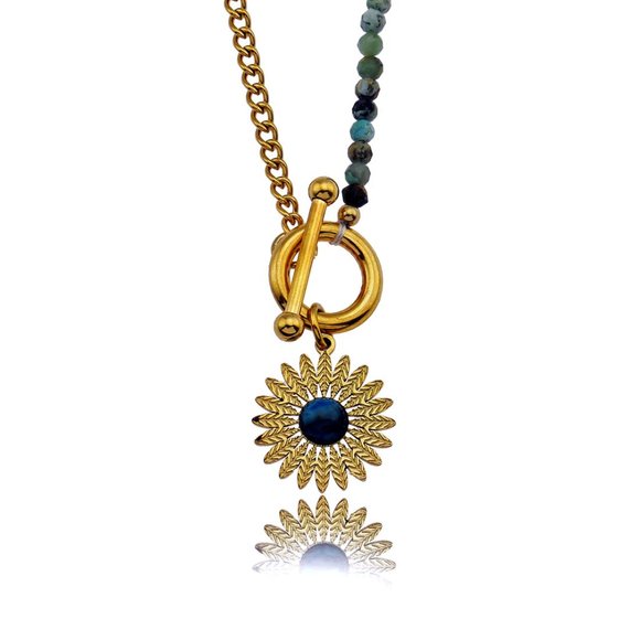 Boho-Chic McKENZIE Necklace - Natural Blue Stone & Gold - Ornate Sun Pendant - Picture 2 of 8